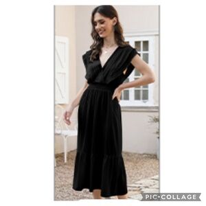 NEW EMBROIDERY TRIM SMOCKED WAIST TIER RUFFLE SWING MAXI DRESS CAP SLEEVE SATEEN